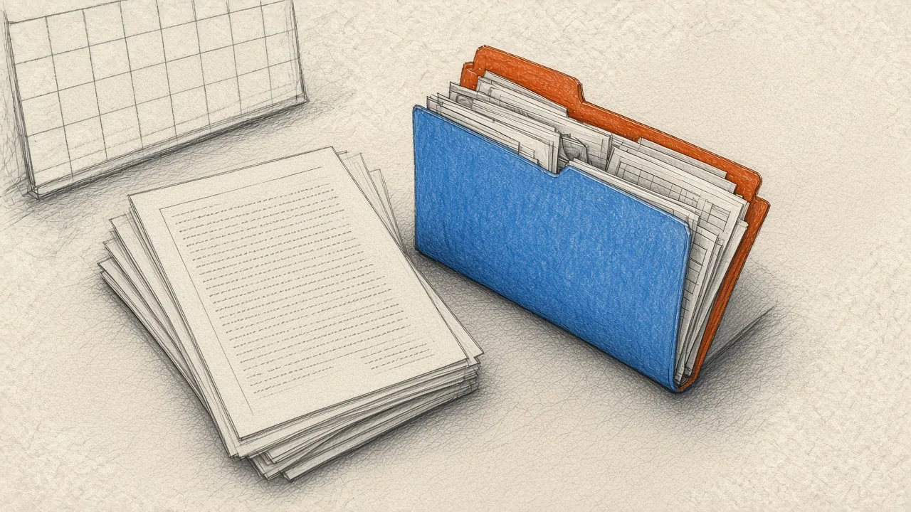 HSA-graphite illustration of a quieter claims desk with orange and soft-blue review folders marking a short flagged queue