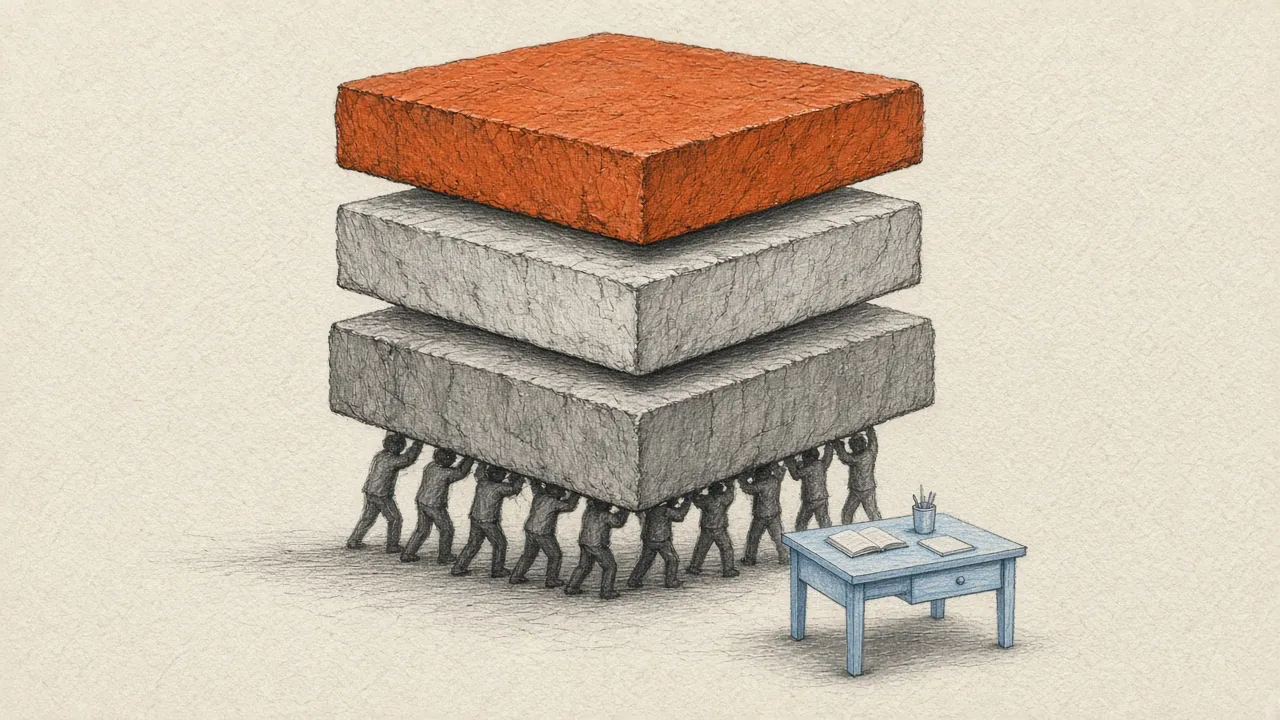HSA-graphite illustration of a three-slab insurance tower with a heavier orange excess layer pressing down while a small blue desk sits unchanged below