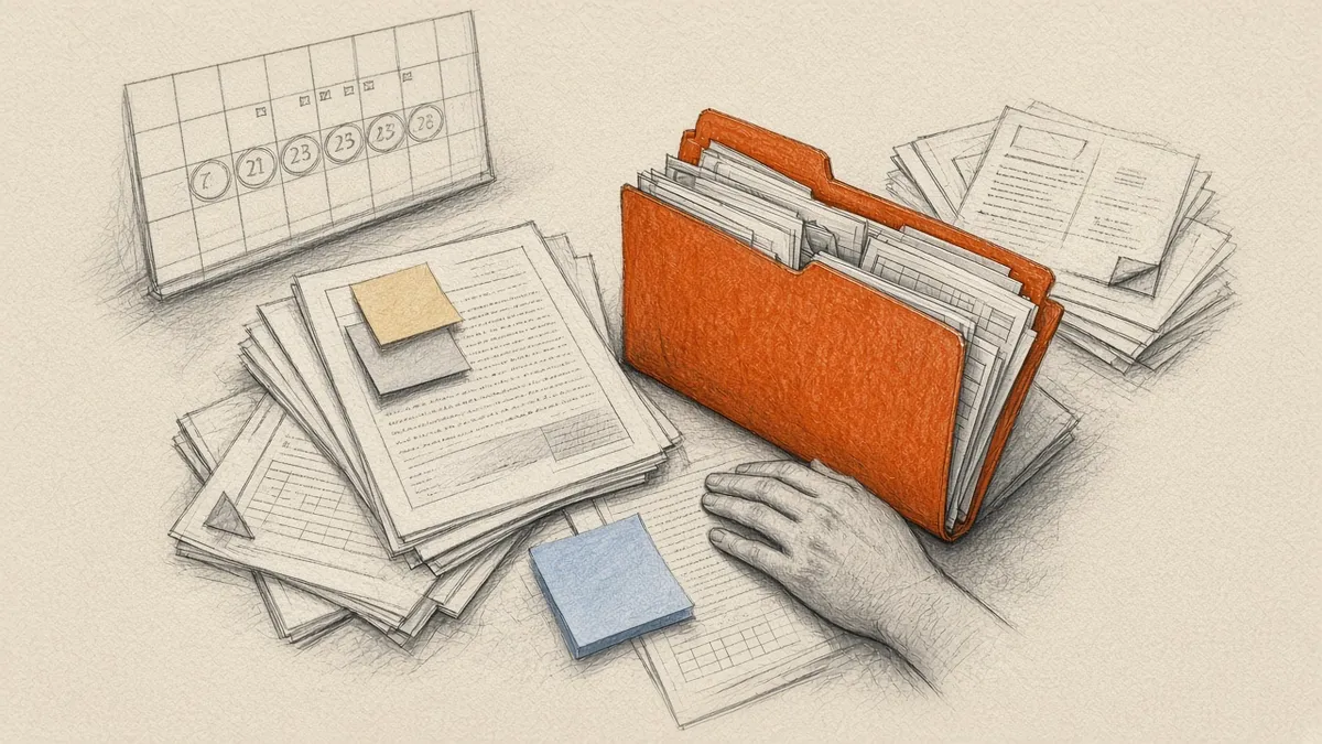 HSA-graphite illustration of an overloaded claims desk: orange claim folder focal point, soft-blue sticky pad, calendar with circled dates, and a hand resting on papers