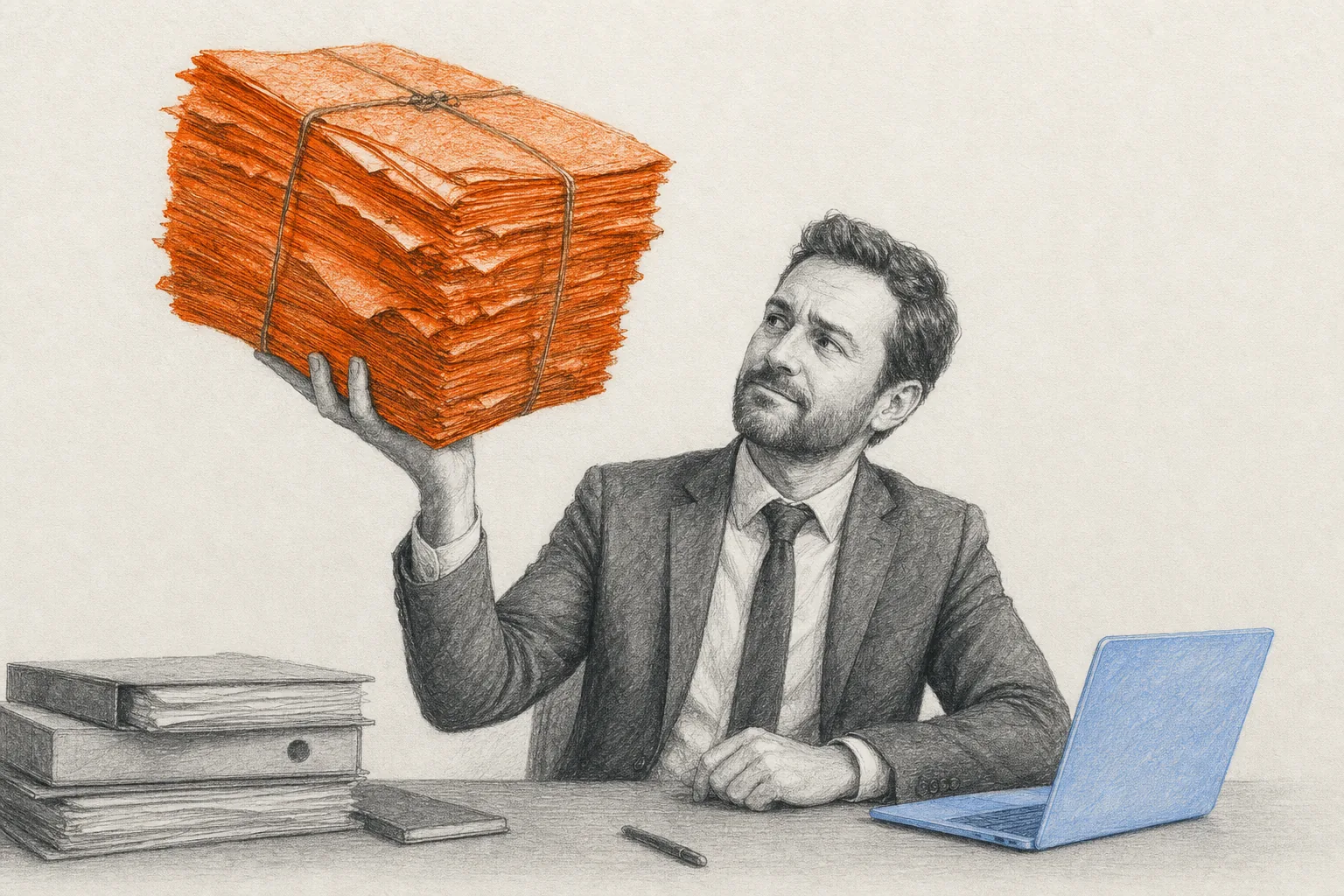 An executive at a desk weighing an oversized old build invoice in one hand, a small modern laptop beside them