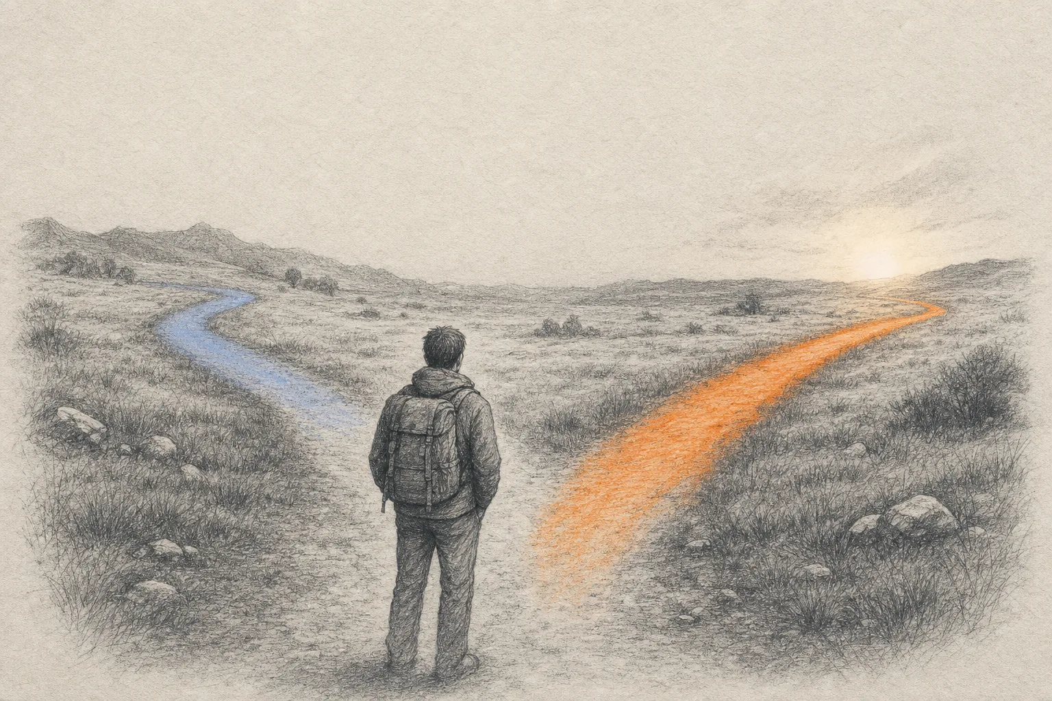 A fork in a road splitting into two diverging paths across an open landscape